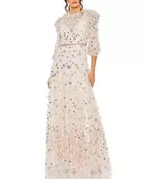 Платье-трапеция с высоким воротником, пышными рукавами и цветочной аппликацией Mac Duggal, розовый