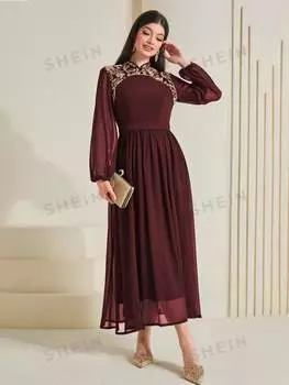 Платье-трапеция Shein Najma с цветочной вышивкой и рукавами-фонариками, бургундия