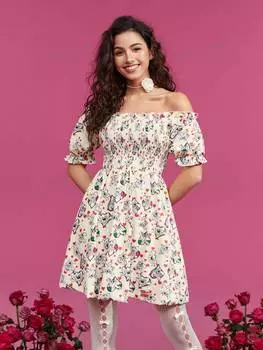 Платье-трапеция Shein с открытыми плечами и принтом, абрикосовый