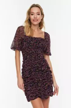 Платье Trendyol из шифона с драпировкой и цветочным узором, черный/фиолетовый