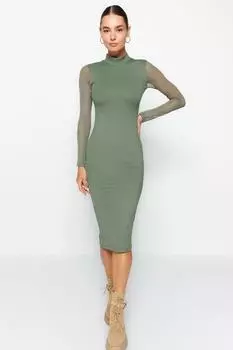 Платье Trendyol миди приталенное трикотажное, хаки