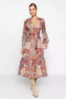 Платье Trendyol с поясом и подкладкой, красный/бежевый