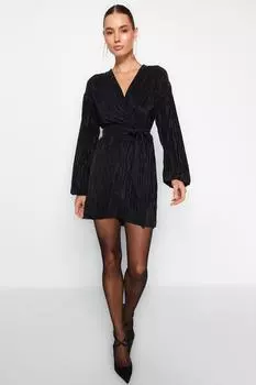 Платье Trendyol вечернее с открытой талией и плиссированной подкладкой с поясом, черный