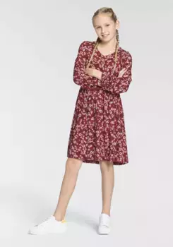 Платье трикотажное DELMAO "для девочек", мягкая вискоза с цветочным узором, красный