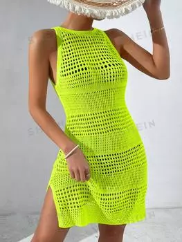 Платье трикотажное Shein Swim Vcay с разрезами и вырезами, лаймово-зеленый