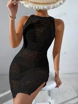 Платье трикотажное Shein Swim Vcay с разрезами и вырезами, черный
