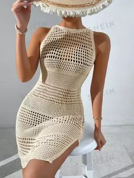 Платье трикотажное Shein Swim Vcay с разрезами, абрикосовый