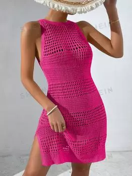 Платье трикотажное Shein Swim Vcay с разрезами и вырезами, ярко-розовый