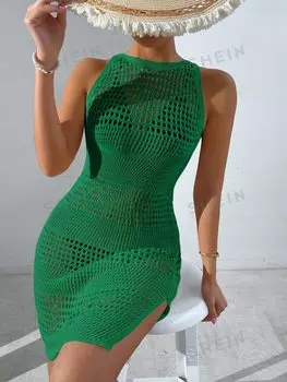 Платье трикотажное Shein Swim Vcay с разрезами, зеленый
