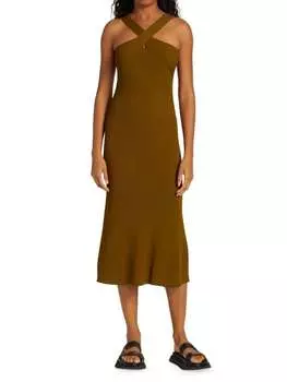 Платье Трикотажное в Рубчик LVIR с лямкой на ше, коричневый