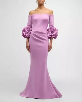 Платье-труба с открытыми плечами и розеткой Jovani, цвет Lilac