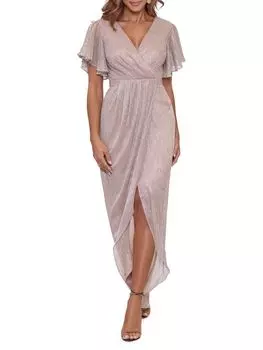 Платье-тюльпан с развевающимися рукавами металлик Betsy & Adam, цвет Gold Silver