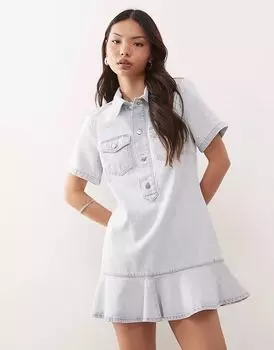 Платье-туника из денима Monki с развевающимся подолом светло-голубого цвета