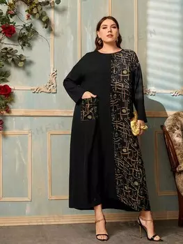 Платье-туника Najma, большие размеры, колор-блок, цепочный принт, заниженная линия плеча Shein, черный