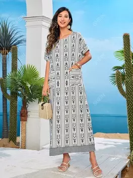 Платье-туника Najma, цветочный узор, двойные карманы, верх с рукавами «летучая мышь» Shein, мультиколор