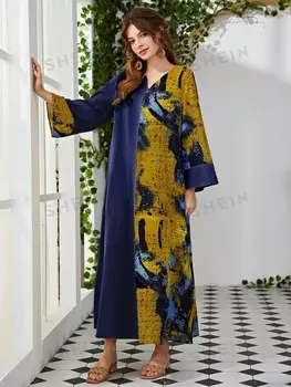 Платье-туника Najma, тай-дай, V-образный бретель Shein, темно-синий