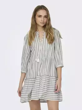Платье-туника ONLY "ONLKAYA 3/4 PUFF SHORT DRESS WVN NOOS", с воланом в стиле туники, цвет Cloud Dancer Stripes:Kalamata Stripes