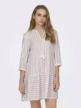 Платье-туника ONLY "ONLKAYA 3/4 PUFF SHORT DRESS WVN NOOS", с воланом в стиле туники, цвет Cloud Dancer Stripes:Misty Rose Stripe