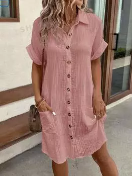 Платье-туника женское Shein Lune с двойными накладными карманами, розовый