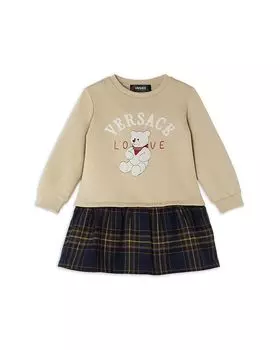 Платье-твил с рисунком «Love Teddy» для девочек из флиса и пряжи, окрашенной в массе — Little Kid Versace, коричневый/бежевый