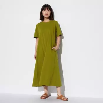 Платье Uniqlo Airism хлопковое с короткими рукавами, оливковый