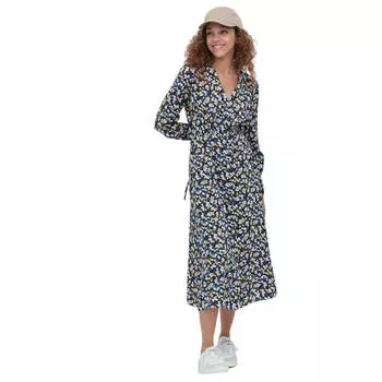 Платье Uniqlo Printed V-Neck Flared Long Sleeved, синий