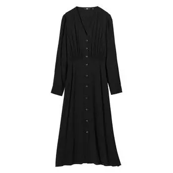 Платье Uniqlo V-Neck Flared Long Sleeved, черный