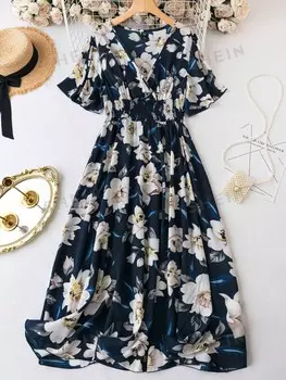 Платье VCAY Plus, цветочный принт, воротник-стойка, рукава-бабочки Shein, мультиколор