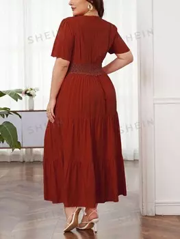 Платье VCAY Plus, украшенное кружевом, рюшами/рюшами Shein, кирпичный