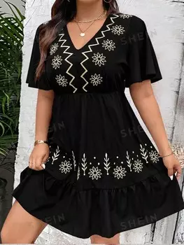 Платье VCAY с вышивкой, V-образный вырез, размер больших размеров, рюшами по низу и кулиской на талии. на лето Shein, черный