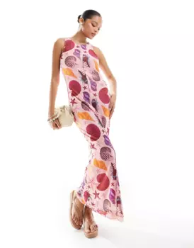 Платье Vero Moda Sleeveless Lettuce Edge Mesh Maxi In Shell Print, розовый