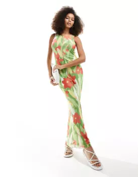 Платье Vero Moda Sleeveless Lettuce Edge Mesh In Floral Print, зеленый