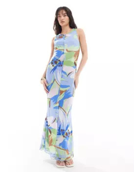 Платье Vero Moda Sleeveless Lettuce Edge Mesh In Floral Print, фиолетовый/мультиколор