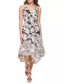 Платье Vince Camuto миди из смесовой льняной ткани с принтом в виде листьев, белый/синий