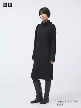 Платье-Водолазка из овечьей шерсти с высоким воротом Uniqlo, черный