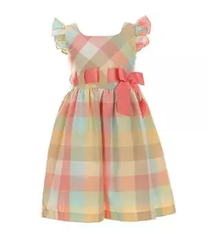 Платье в клетку Bonnie Jean Little Girls 2T-6X с развевающимися рукавами и бантиком, мультиколор