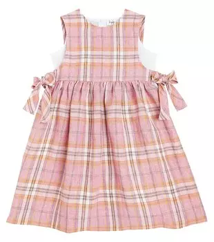 Платье в клетку из льна и хлопка с бантом Il Gufo, розовый
