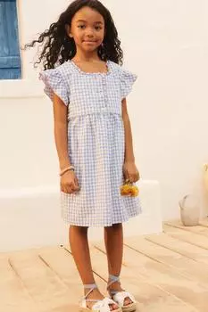 Платье в клетку из ситца ZARA, светло-синий