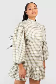 Платье в клетку с орфлами Boohoo, хаки