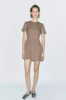 Платье в клетку с плиссами ZARA, цвет Toffee