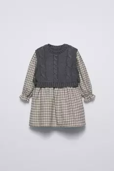 Платье в клетку с трикотажным жилетом ZARA, серый