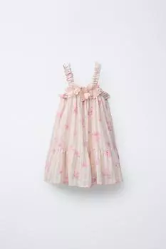 Платье в полоску и цветы ZARA, цвет Peach