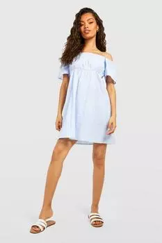 Платье в полоску с плечами Boohoo, синий