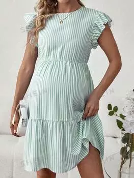 Платье в полоску Shein с рюшами и отделкой, зеленый