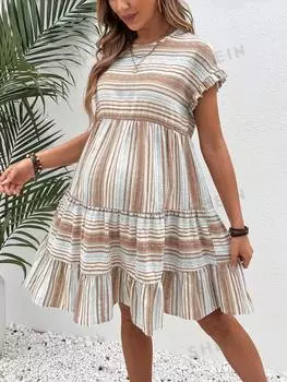 Платье в полоску Shein с рюшами по подолу, белый / коричневый