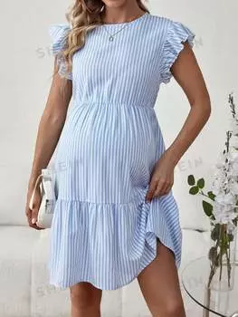 Платье в полоску Shein с рюшами и отделкой, синий