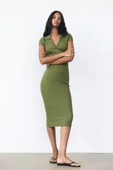 Платье в ребрику ZARA, средний хаки