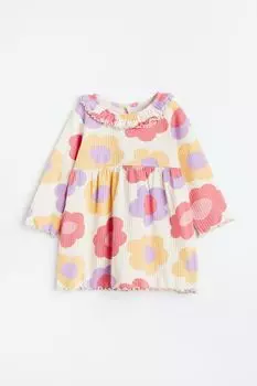 Платье в рубчик из хлопкового трикотажа H&M, белый/крупные цветы