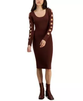 Платье в рубчик с круглым вырезом и рукавами-решетками для юниоров Crave Fame, коричневый