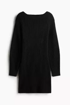 Платье в рубчик с вырезом-лодочкой H&M, черный